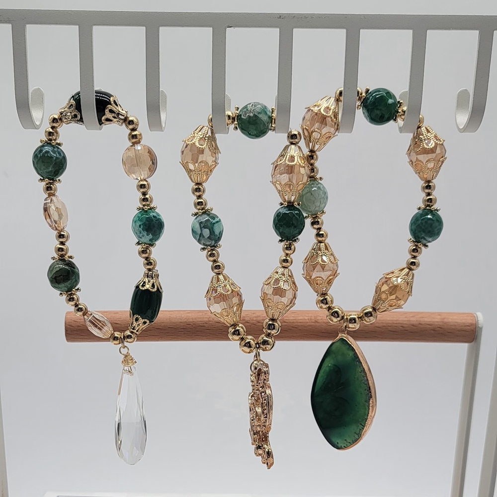 Hand Crafted Gold and Green Gemstone Bracelet Trio